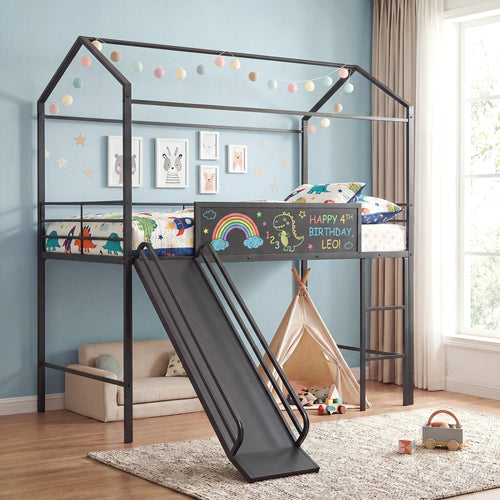Twin Size Loft Bed With Ladder And Slide, Black