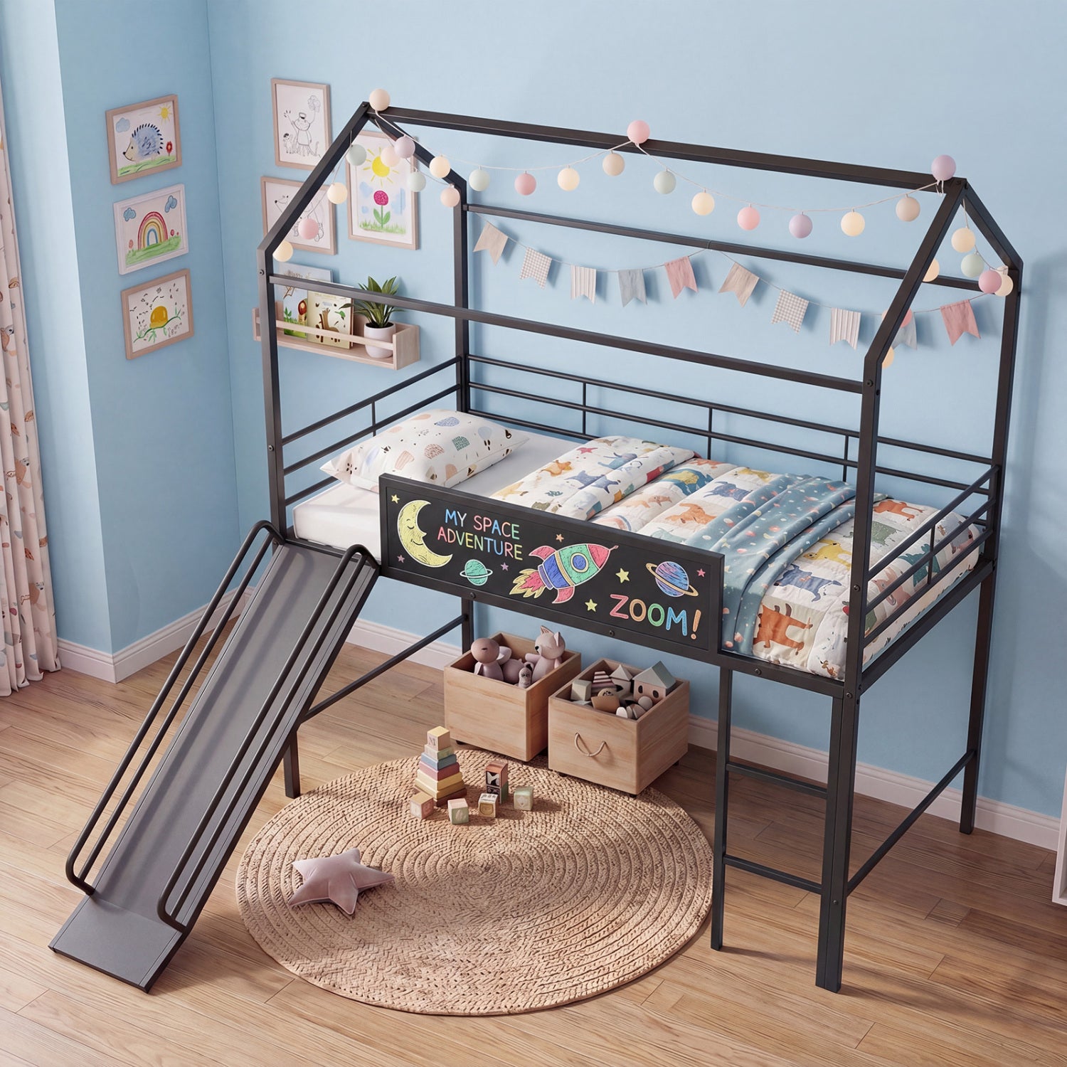 Twin Size Loft Bed With Ladder And Slide, Black Toddler Beds at Gallery Canada
