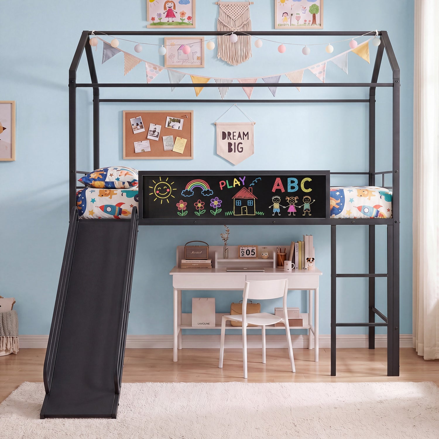Twin Size Loft Bed With Ladder And Slide, Black Toddler Beds at Gallery Canada