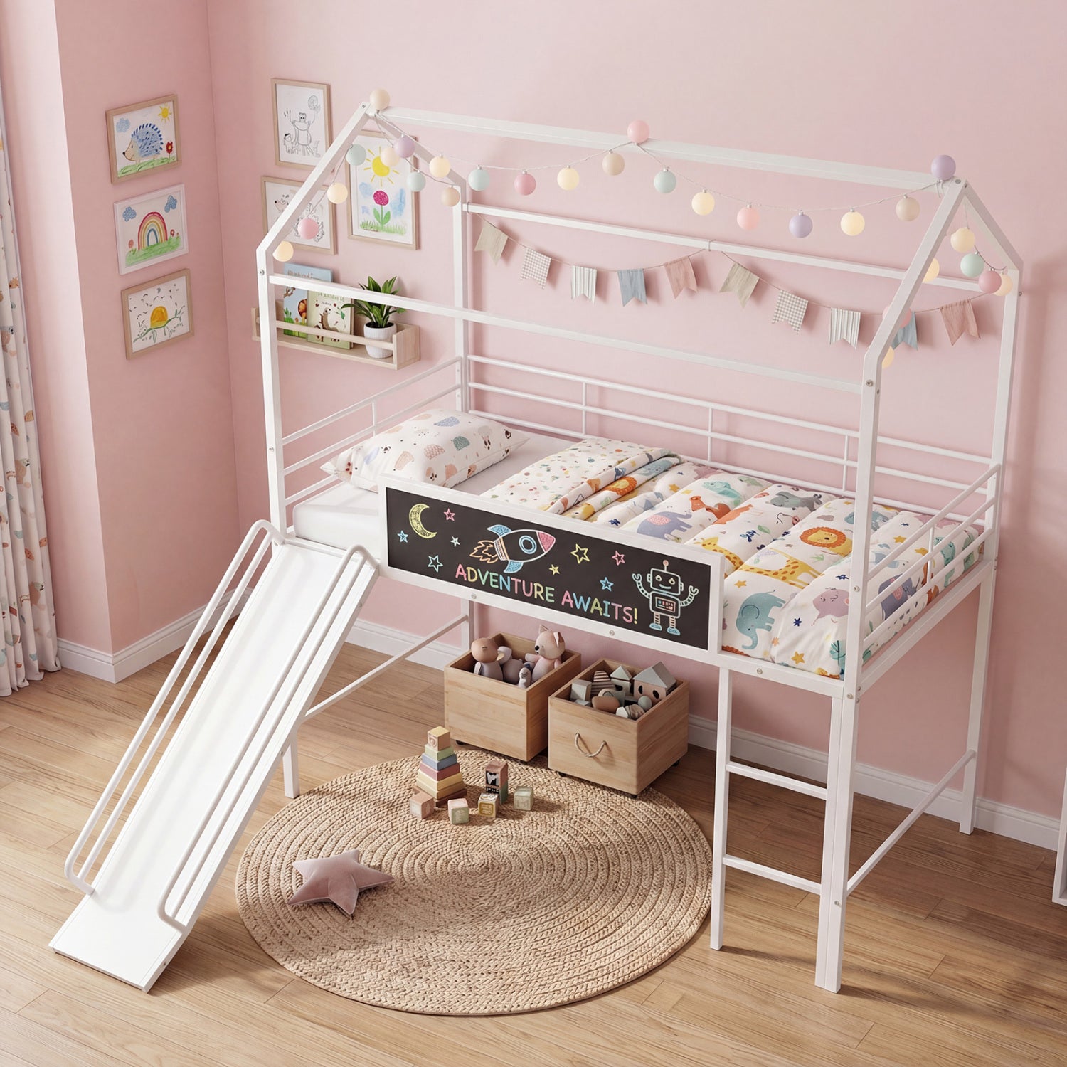 Kids Twin Size Loft Bed with Ladder and Slide, White Toddler Beds at Gallery Canada