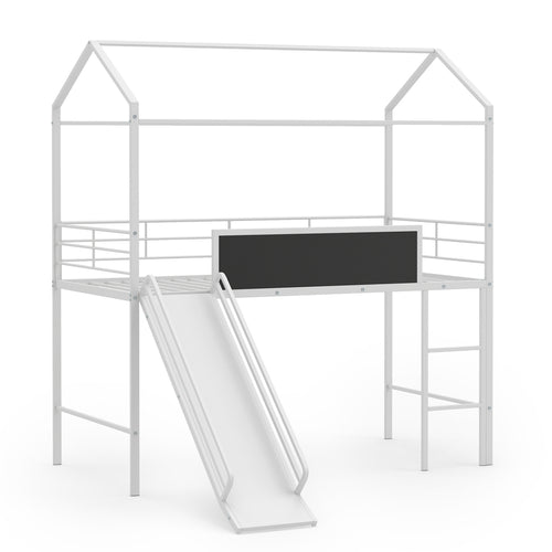 Kids Twin Size Loft Bed with Ladder and Slide, White