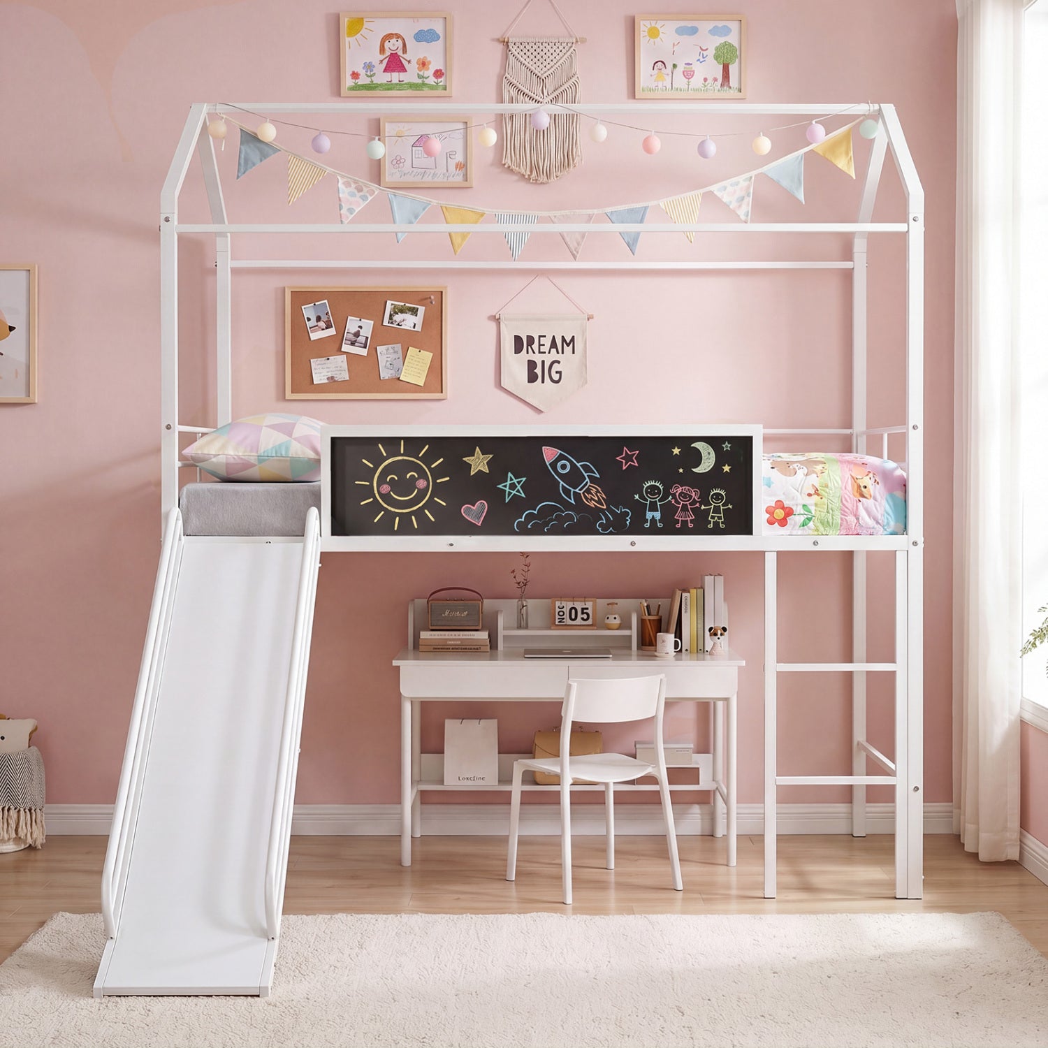 Kids Twin Size Loft Bed with Ladder and Slide, White Toddler Beds at Gallery Canada