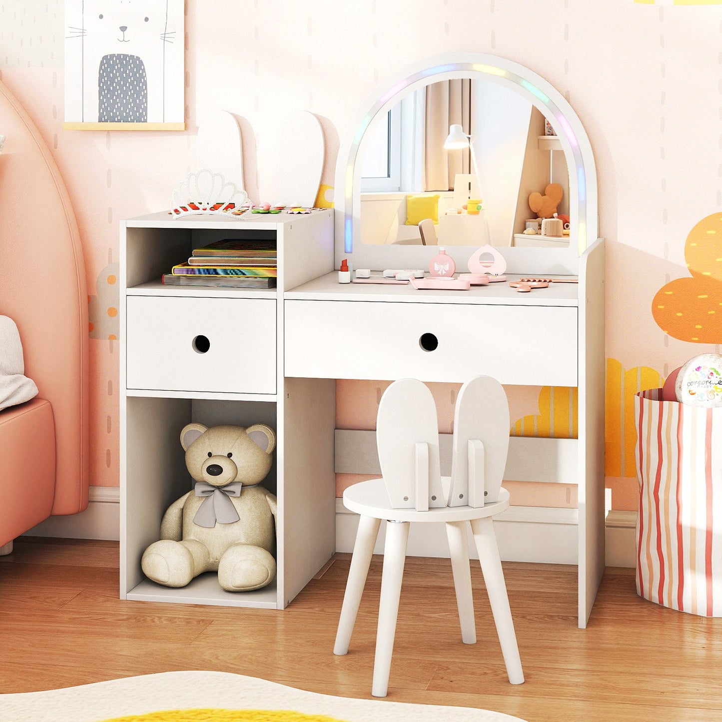 Kids Vanity Desk and Chair Set with Lights Open Shelves, White Kids Vanities at Gallery Canada