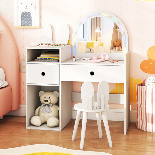 Kids Vanity Desk and Chair Set with Lights Open Shelves, White Kids Vanities White at Gallery Canada