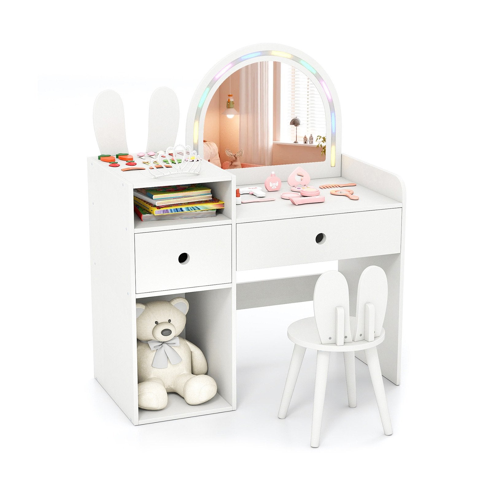 Kids Vanity Desk and Chair Set with Lights Open Shelves, White Kids Vanities White at Gallery Canada