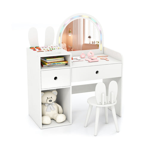 Kids Vanity Desk And Chair Set With Lights, Open Shelves, White
