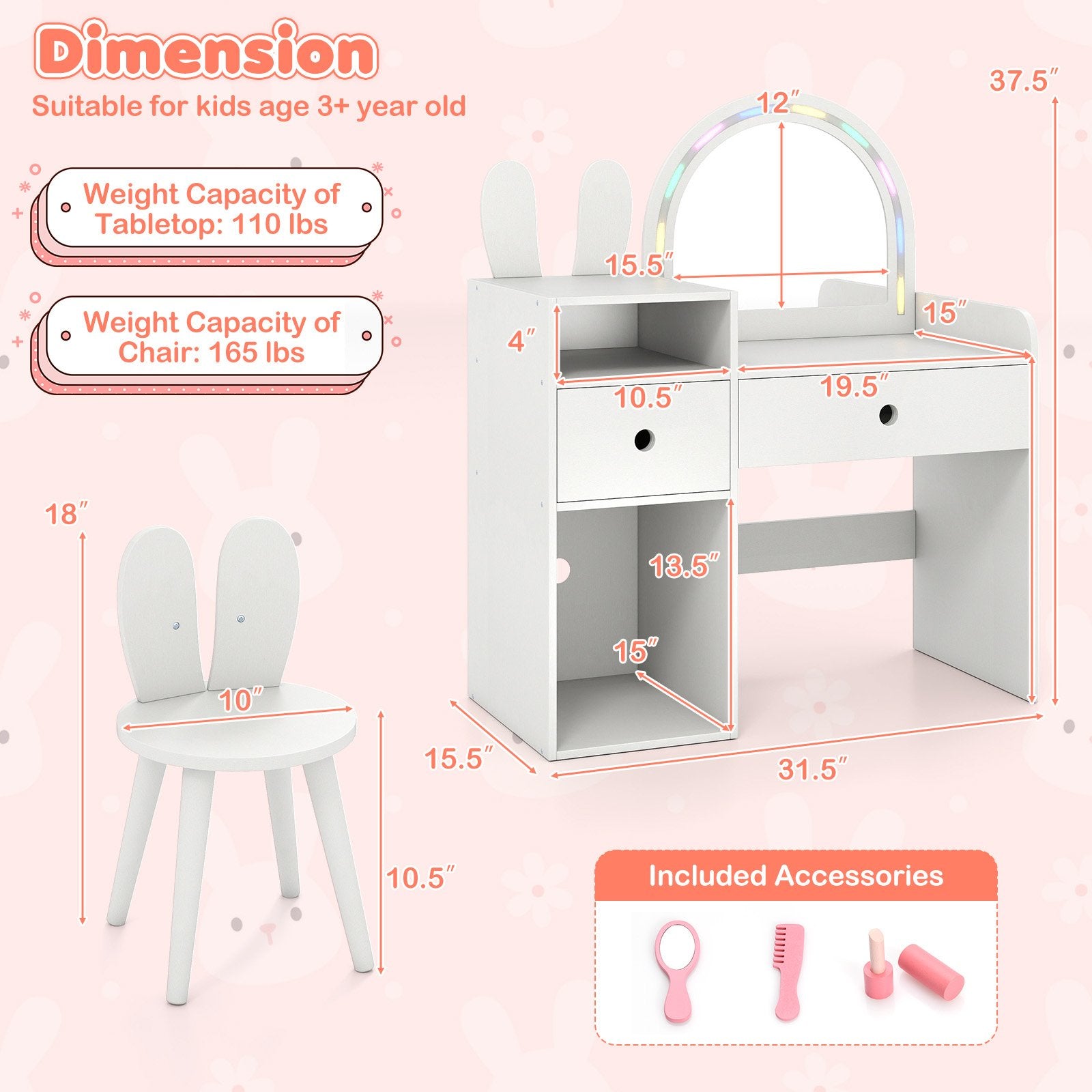 Kids Vanity Desk and Chair Set with Lights Open Shelves, White Kids Vanities at Gallery Canada