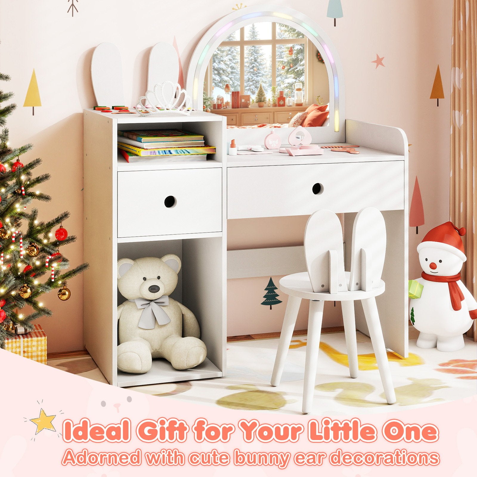 Kids Vanity Desk and Chair Set with Lights Open Shelves, White Kids Vanities at Gallery Canada