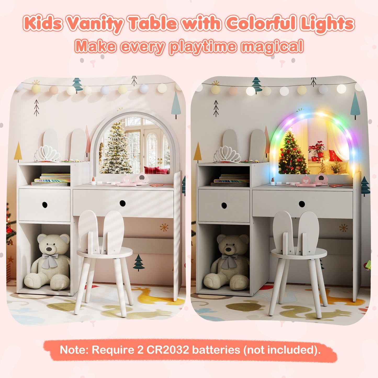 Kids Vanity Desk and Chair Set with Lights Open Shelves, White Kids Vanities at Gallery Canada