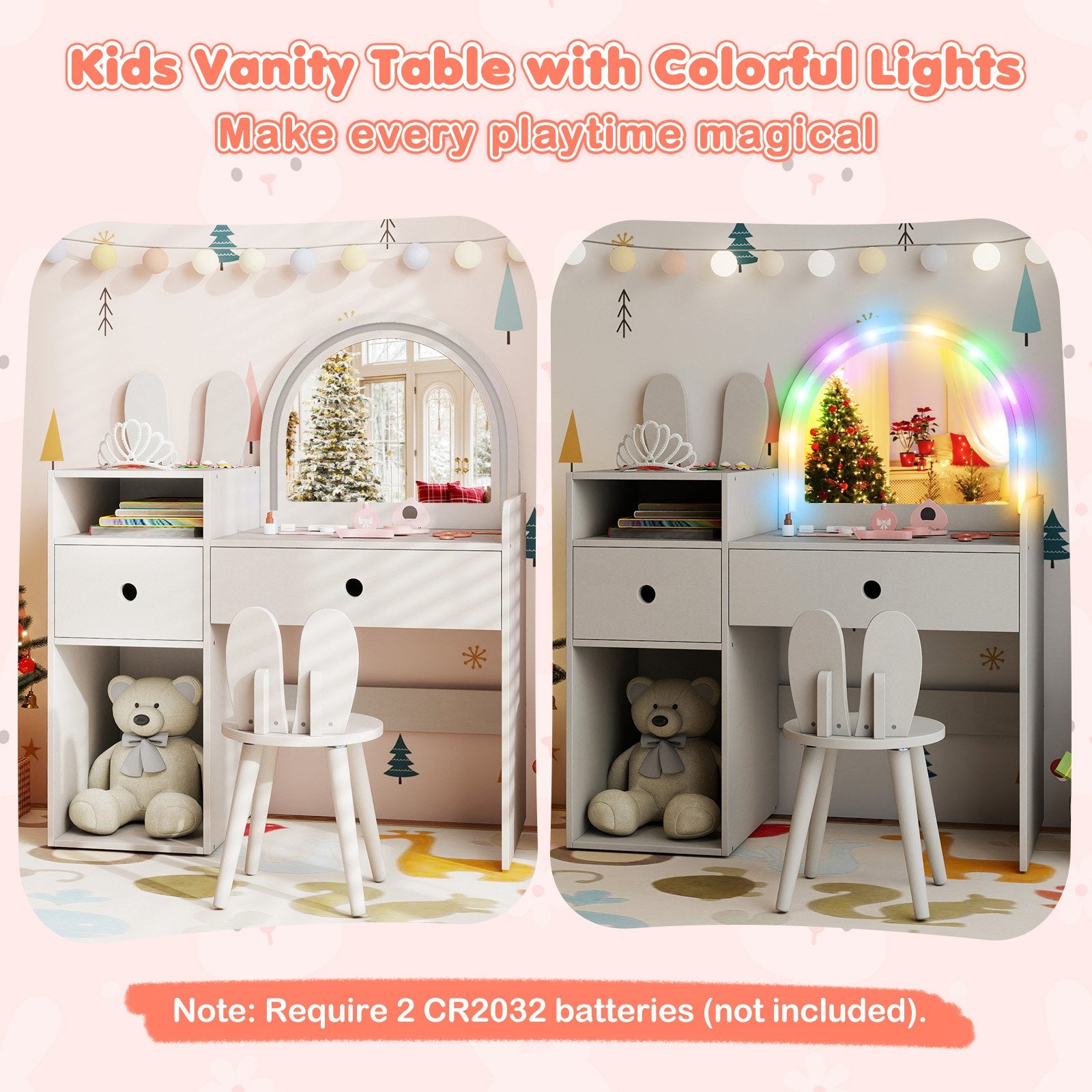 Kids Vanity Desk and Chair Set with Lights Open Shelves, White Kids Vanities at Gallery Canada