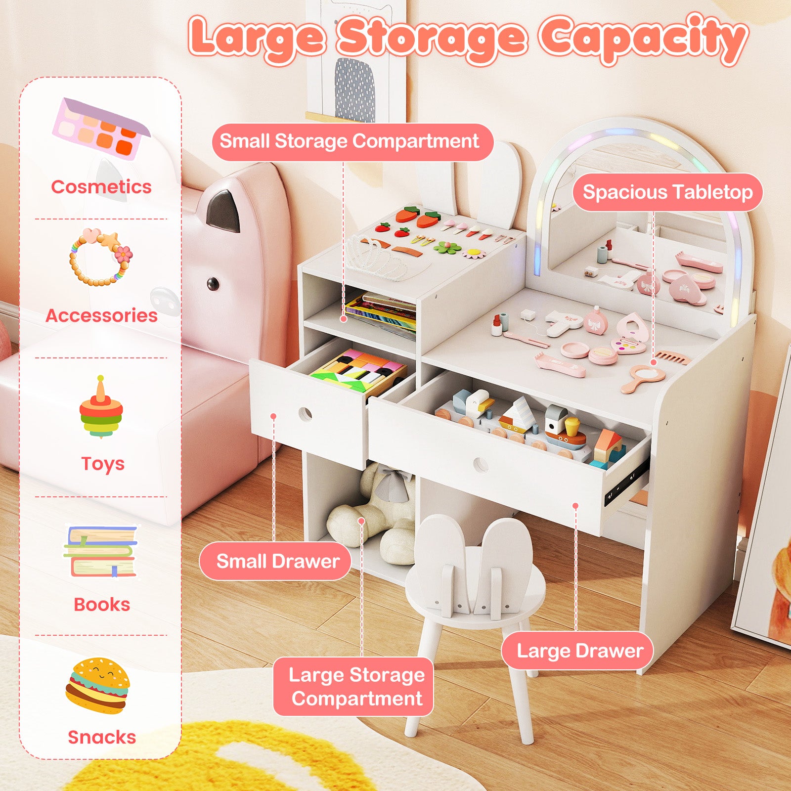 Kids Vanity Desk and Chair Set with Lights Open Shelves, White Kids Vanities at Gallery Canada