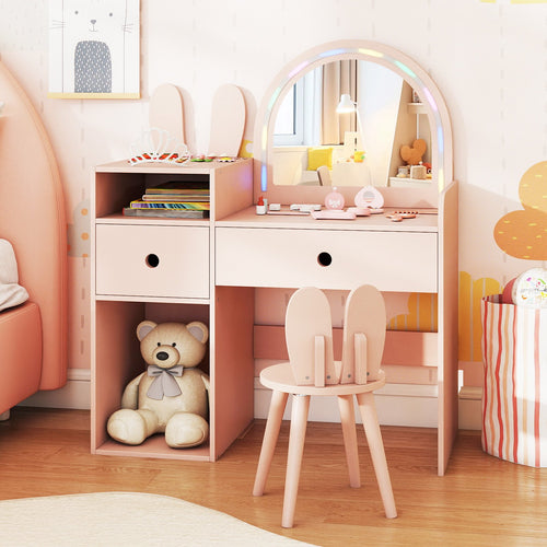 Kids Vanity Desk and Chair Set with Lights  Open Shelves, Pink