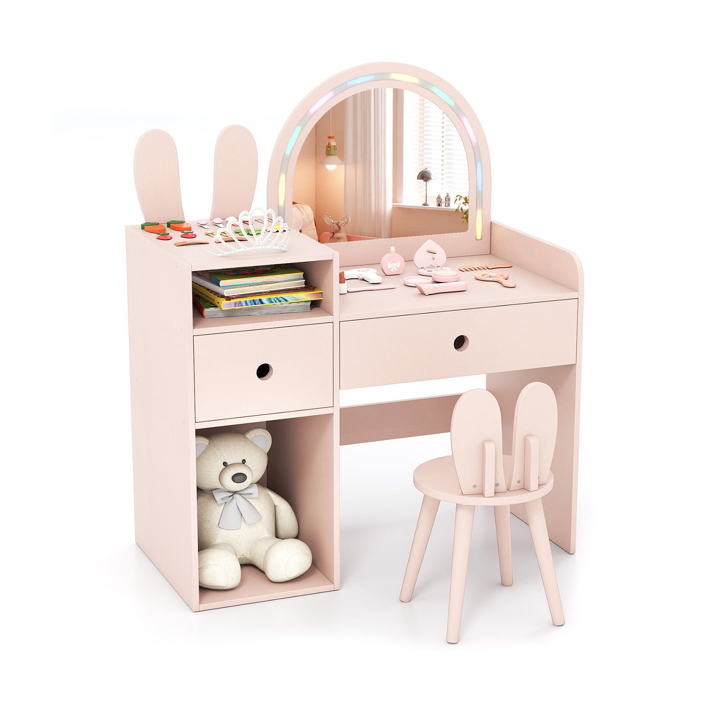 Kids Vanity Desk and Chair Set with Lights Open Shelves, Pink Kids Vanities Pink at Gallery Canada