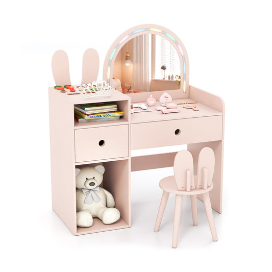 Kids Vanity Desk And Chair Set With Lights, Open Shelves, Pink Kids Vanities Pink at Gallery Canada