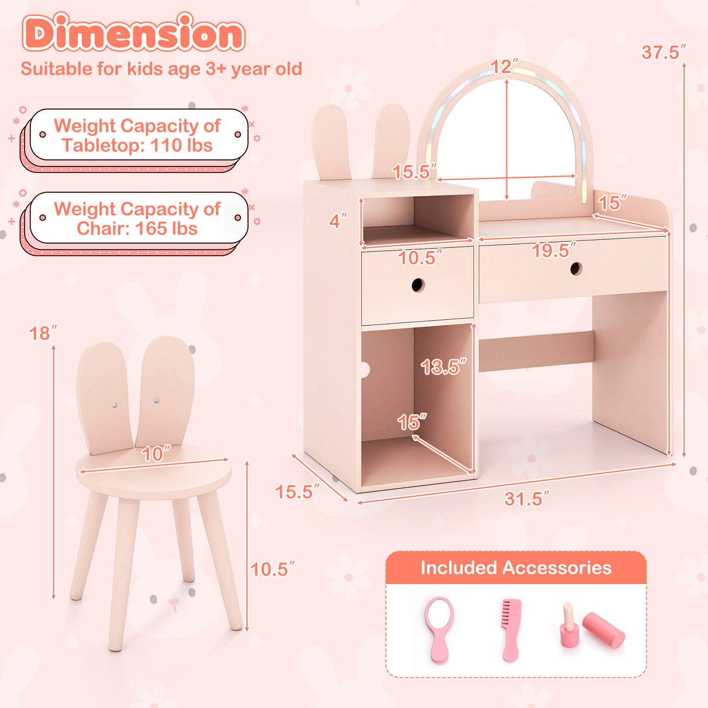 Kids Vanity Desk and Chair Set with Lights Open Shelves, Pink Kids Vanities at Gallery Canada
