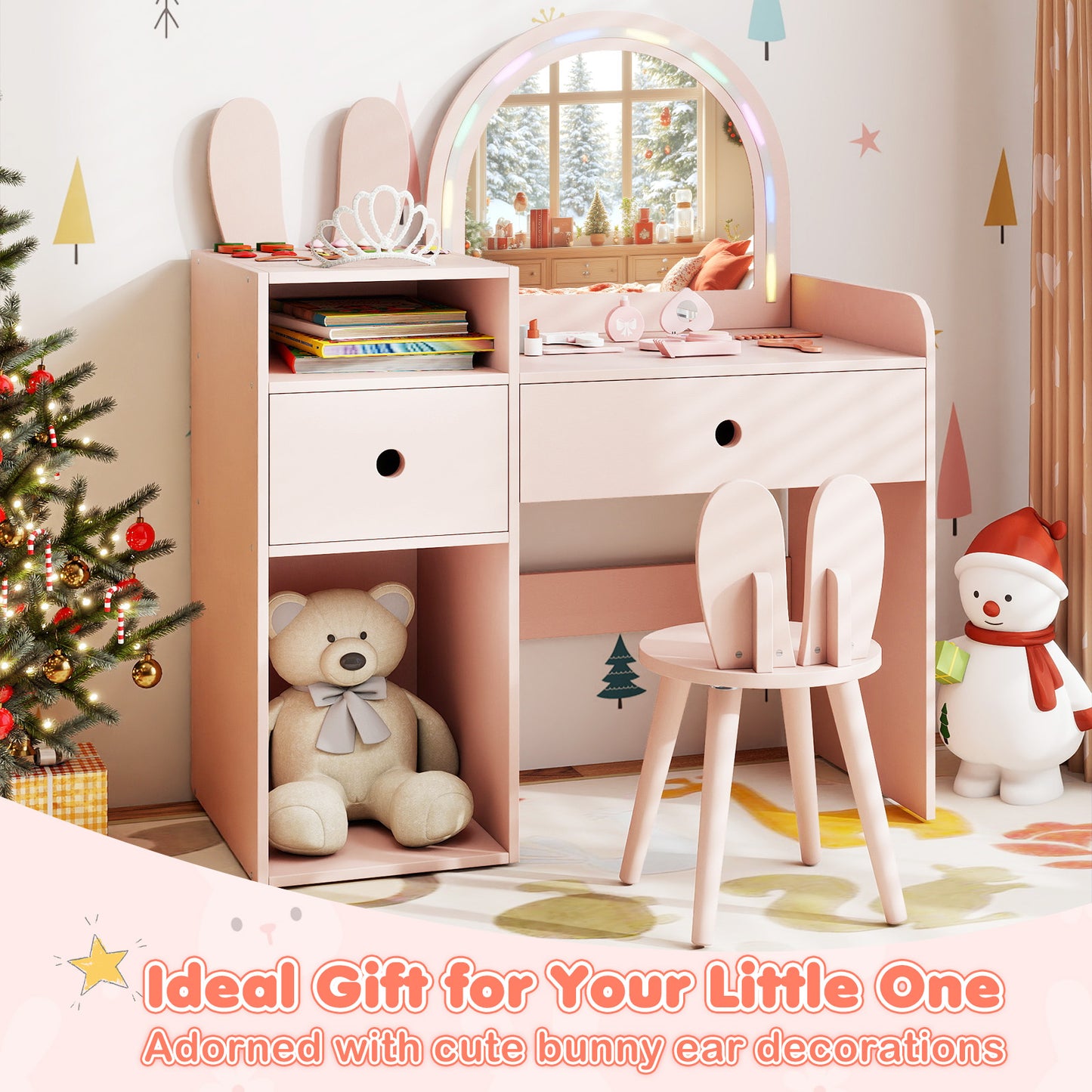 Kids Vanity Desk and Chair Set with Lights Open Shelves, Pink Kids Vanities at Gallery Canada