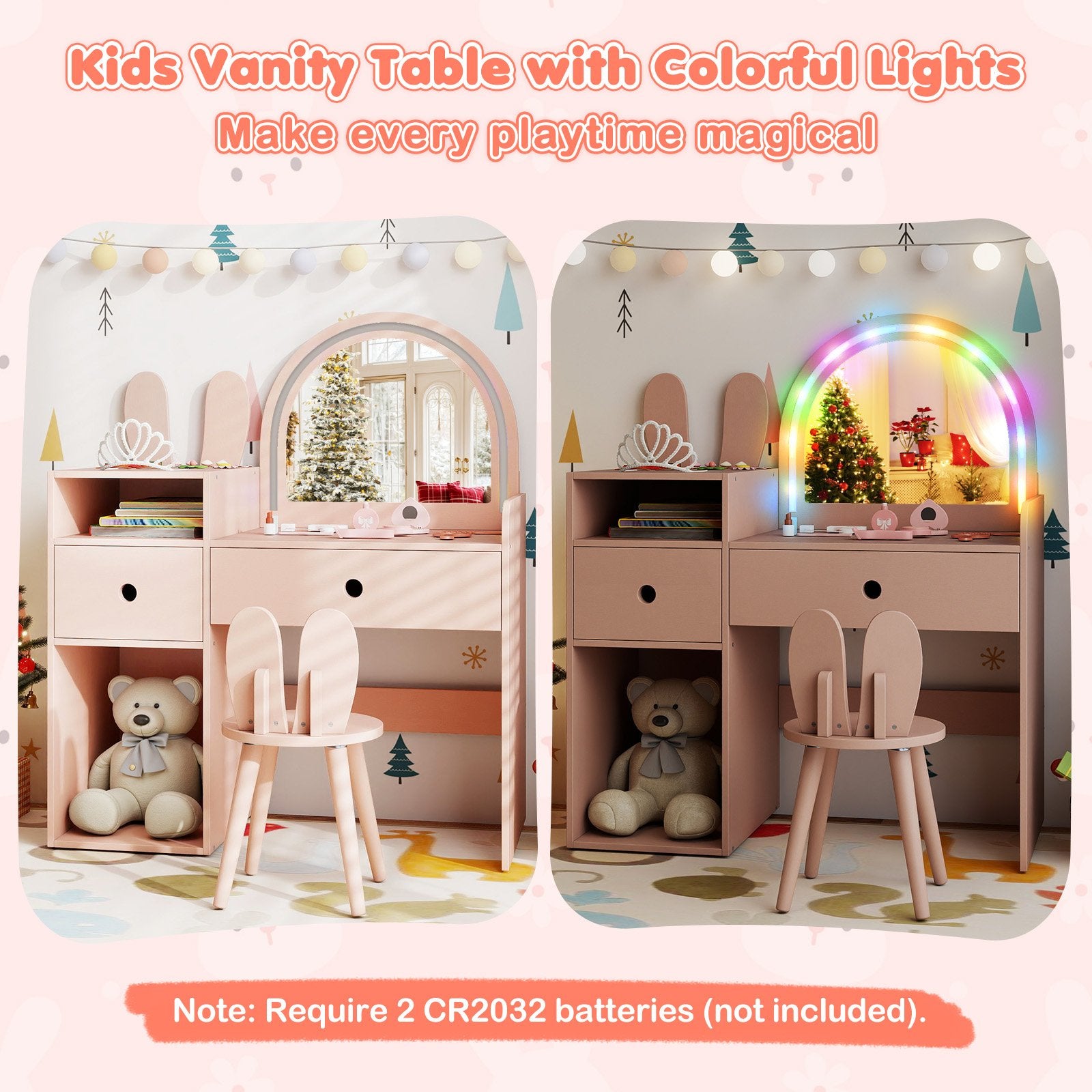 Kids Vanity Desk and Chair Set with Lights Open Shelves, Pink Kids Vanities at Gallery Canada