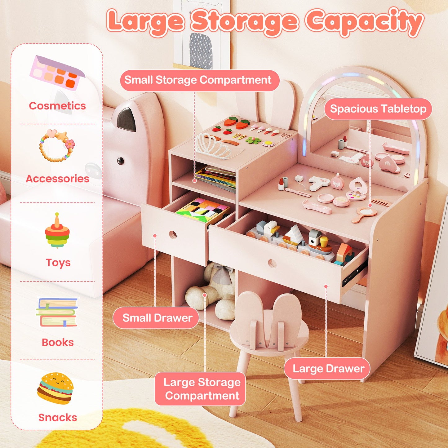 Kids Vanity Desk and Chair Set with Lights Open Shelves, Pink Kids Vanities at Gallery Canada