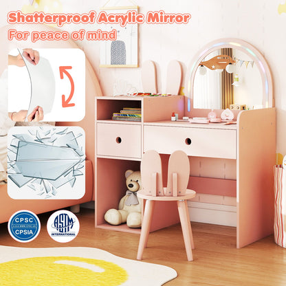 Kids Vanity Desk and Chair Set with Lights Open Shelves, Pink Kids Vanities at Gallery Canada