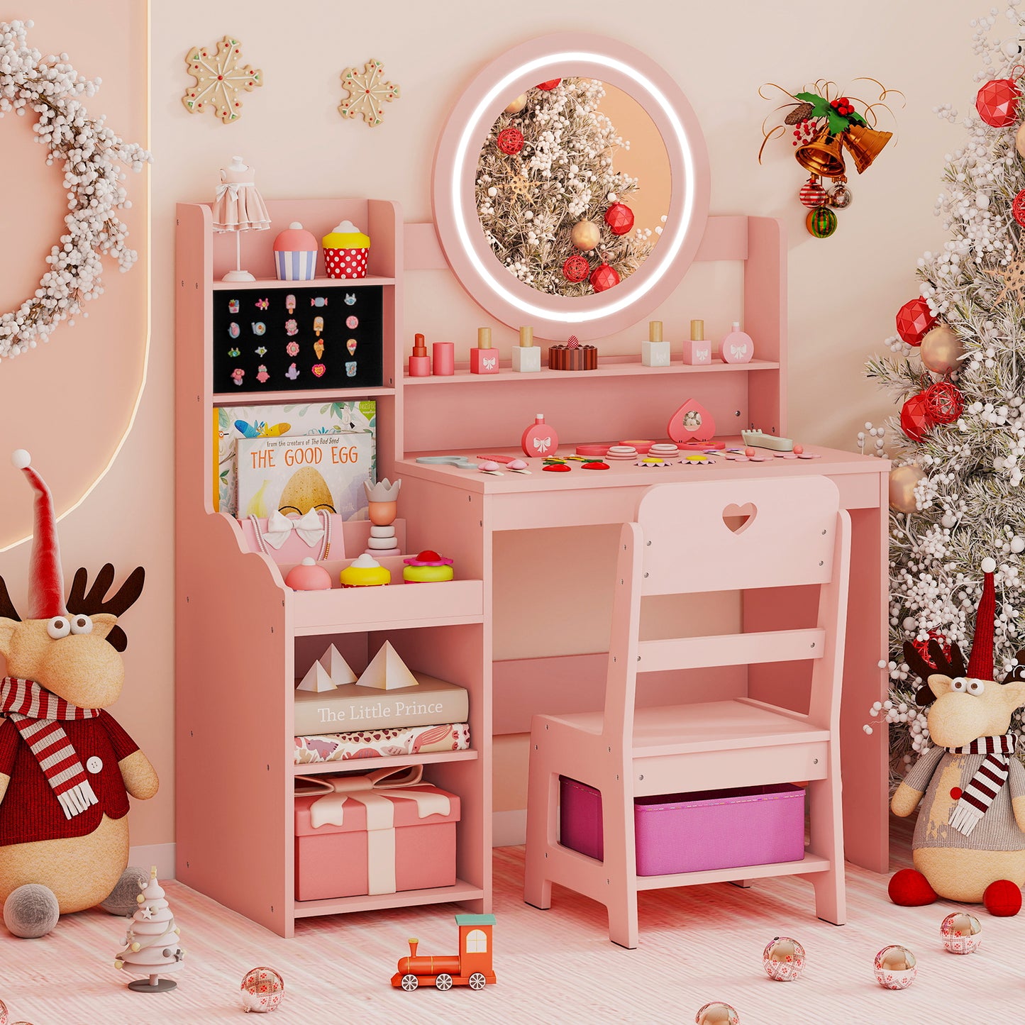 Kids Vanity Desk with Mirror and Lights Princess Pretend Play Dressing Table and Chair Set, Pink