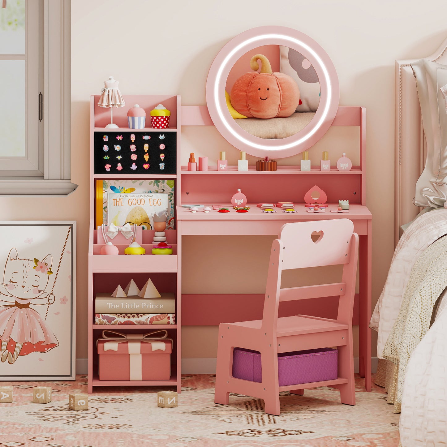 Kids Vanity Desk with Mirror and Lights Princess Pretend Play Dressing Table and Chair Set, Pink