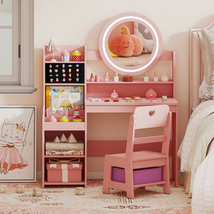 Kids Vanity Desk with Mirror and Lights Princess Pretend Play Dressing Table and Chair Set, Pink