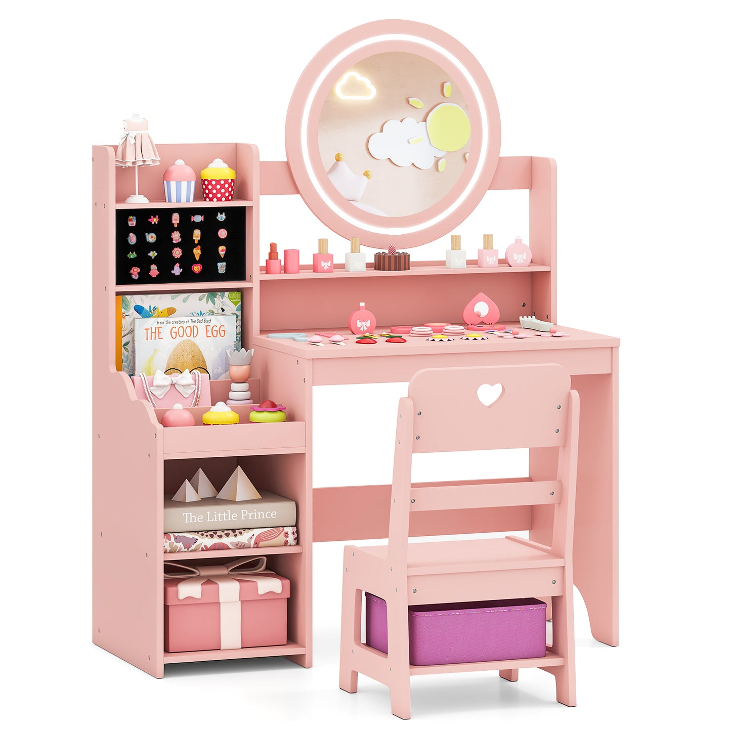 Kids Vanity Desk with Mirror and Lights Princess Pretend Play Dressing Table and Chair Set, Pink