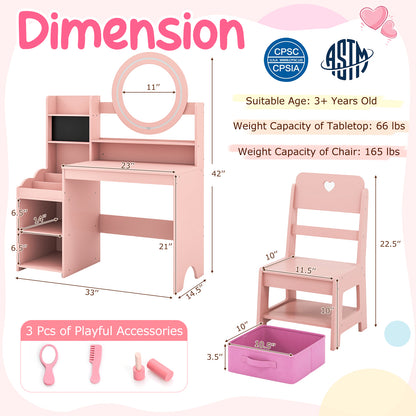 Kids Vanity Desk with Mirror and Lights Princess Pretend Play Dressing Table and Chair Set, Pink