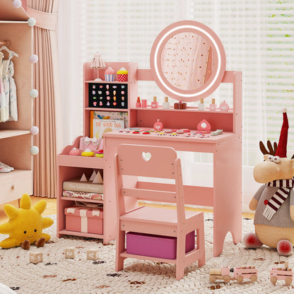 Kids Vanity Desk with Mirror and Lights Princess Pretend Play Dressing Table and Chair Set, Pink