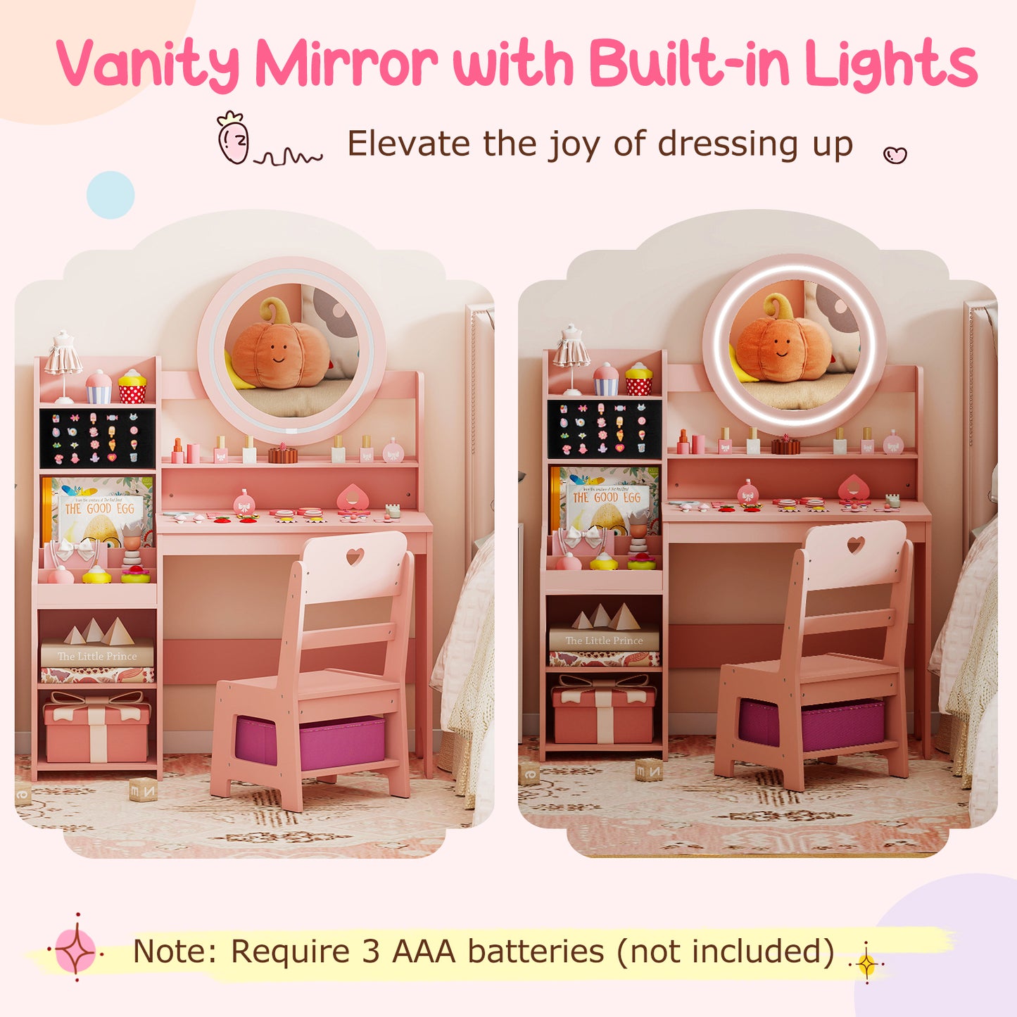 Kids Vanity Desk with Mirror and Lights Princess Pretend Play Dressing Table and Chair Set, Pink