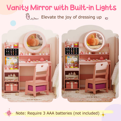 Kids Vanity Desk with Mirror and Lights Princess Pretend Play Dressing Table and Chair Set, Pink