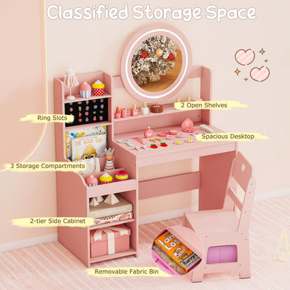 Kids Vanity Desk with Mirror and Lights Princess Pretend Play Dressing Table and Chair Set, Pink