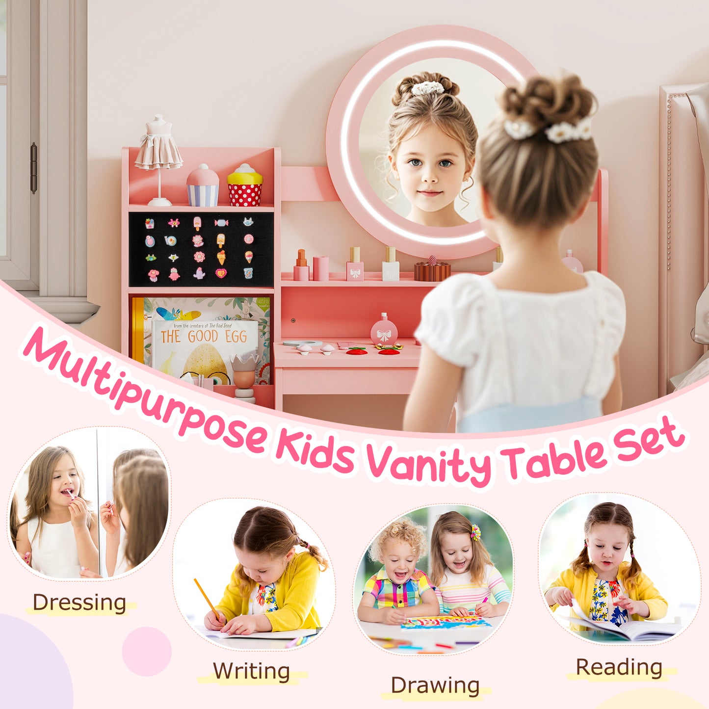 Kids Vanity Desk with Mirror and Lights Princess Pretend Play Dressing Table and Chair Set, Pink