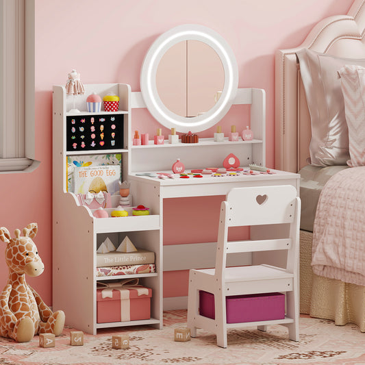Kids Vanity Desk with Mirror and Lights Princess Pretend Play Dressing Table and Chair Set, White Kids Vanities White at Gallery Canada