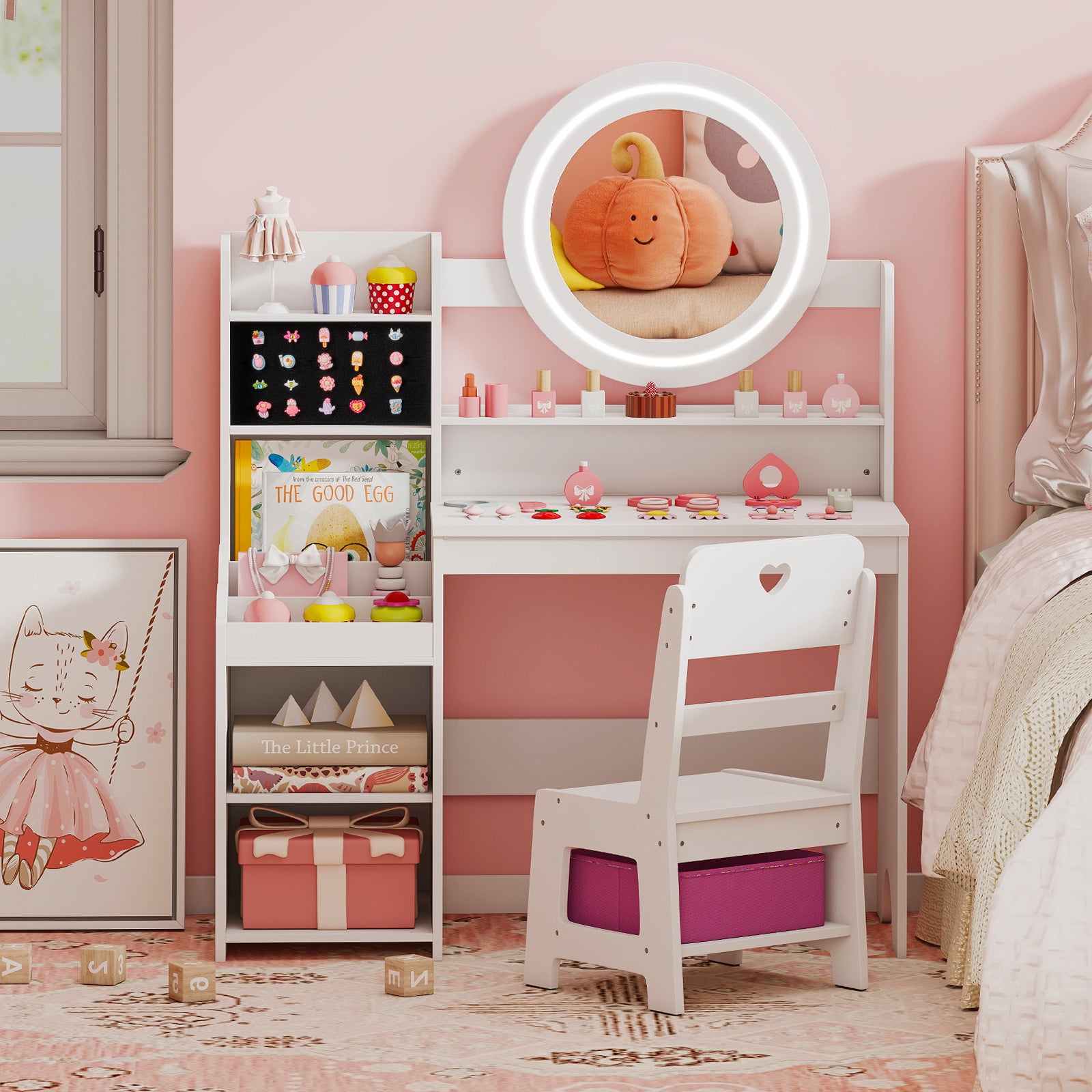 Kids Vanity Desk with Mirror and Lights Princess Pretend Play Dressing Table and Chair Set, White Kids Vanities at Gallery Canada