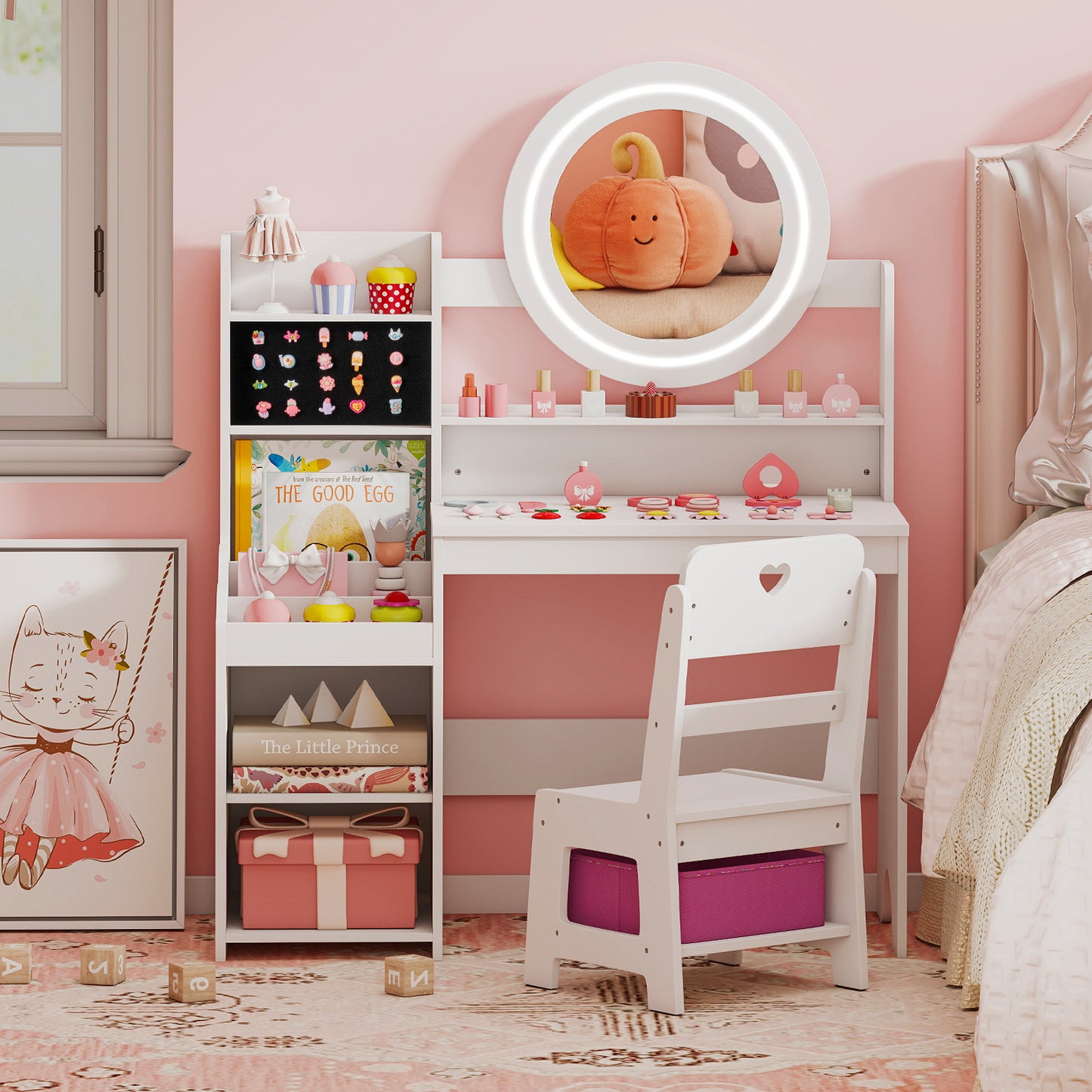 Kids Vanity Desk with Mirror and Lights Princess Pretend Play Dressing Table and Chair Set, White Kids Vanities at Gallery Canada