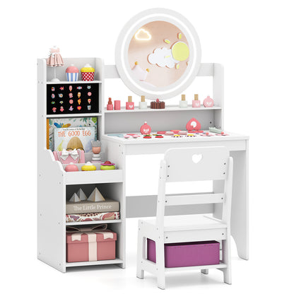 Kids Vanity Desk with Mirror and Lights Princess Pretend Play Dressing Table and Chair Set, White Kids Vanities White at Gallery Canada