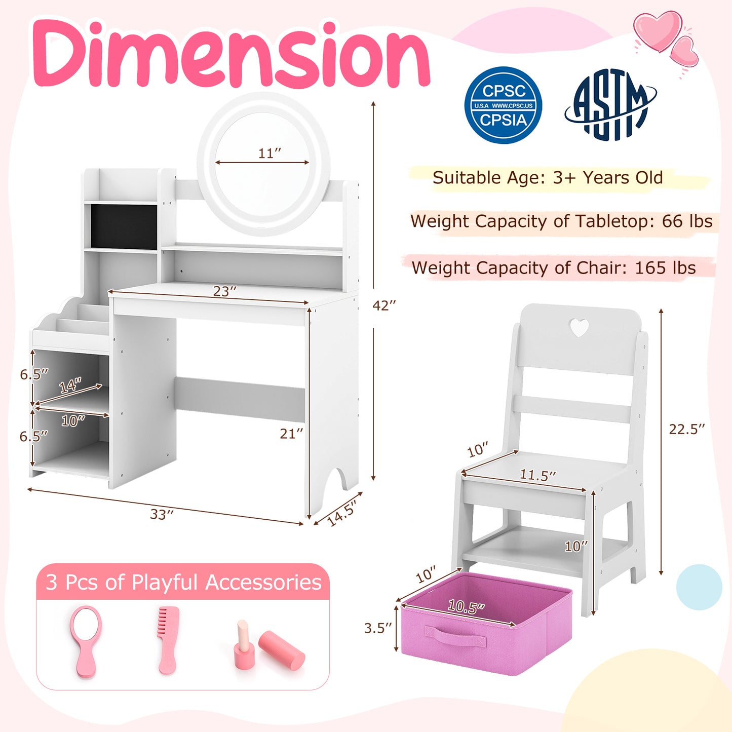 Kids Vanity Desk with Mirror and Lights Princess Pretend Play Dressing Table and Chair Set, White Kids Vanities at Gallery Canada