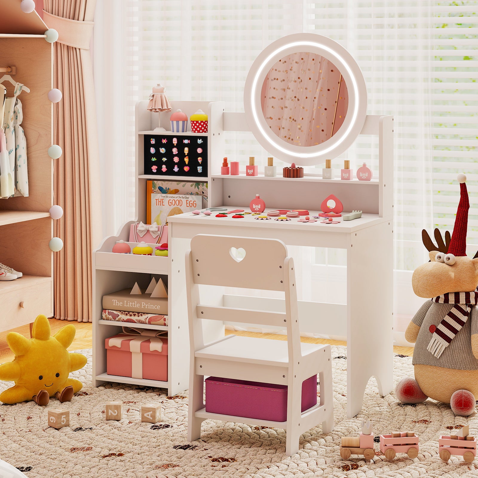Kids Vanity Desk with Mirror and Lights Princess Pretend Play Dressing Table and Chair Set, White Kids Vanities at Gallery Canada