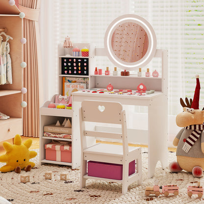 Kids Vanity Desk with Mirror and Lights Princess Pretend Play Dressing Table and Chair Set, White Kids Vanities at Gallery Canada