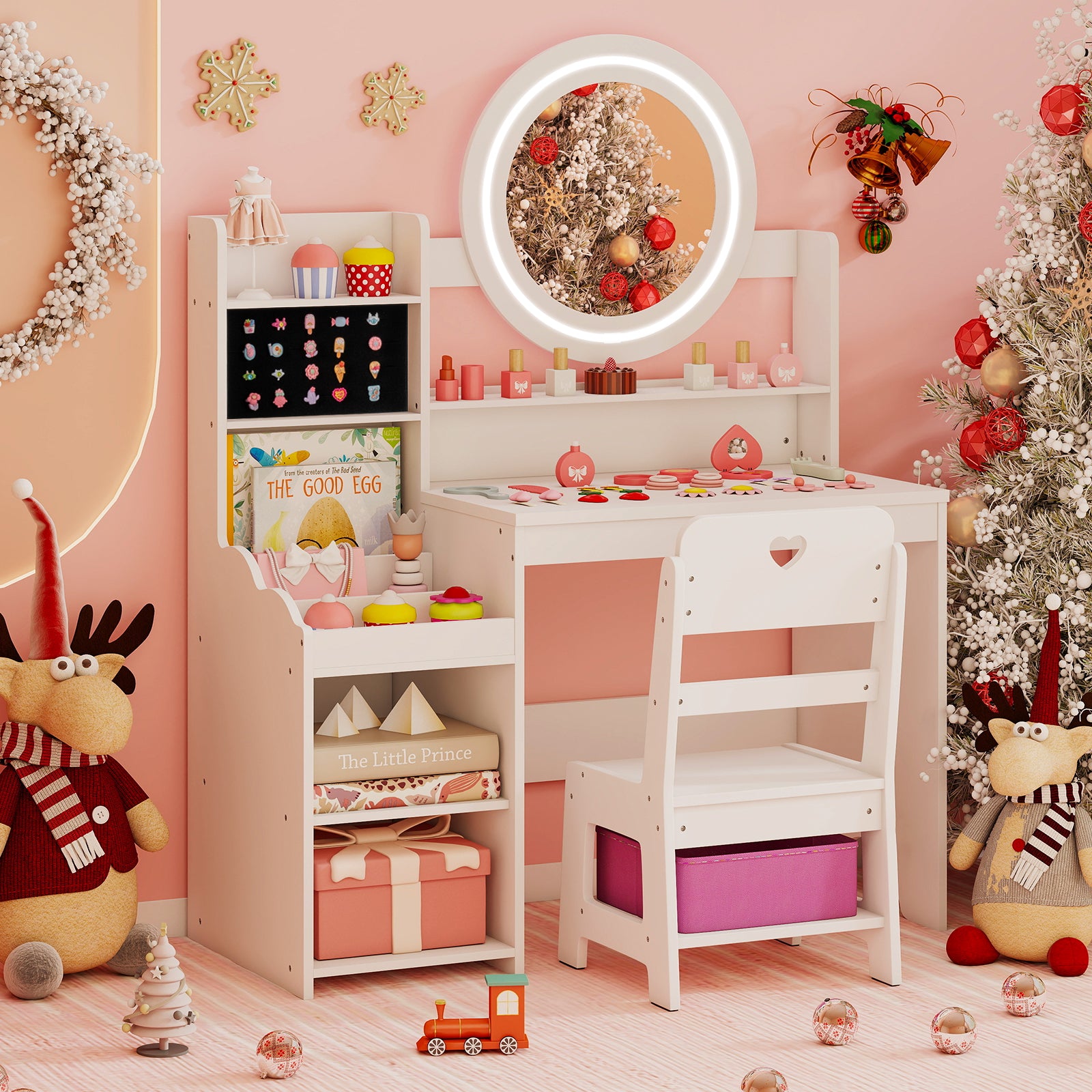 Kids Vanity Desk with Mirror and Lights Princess Pretend Play Dressing Table and Chair Set, White Kids Vanities at Gallery Canada