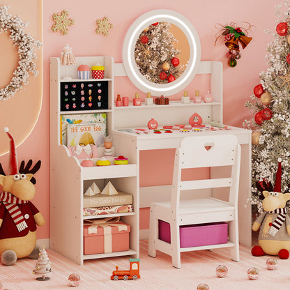 Kids Vanity Desk with Mirror and Lights Princess Pretend Play Dressing Table and Chair Set, White Kids Vanities at Gallery Canada