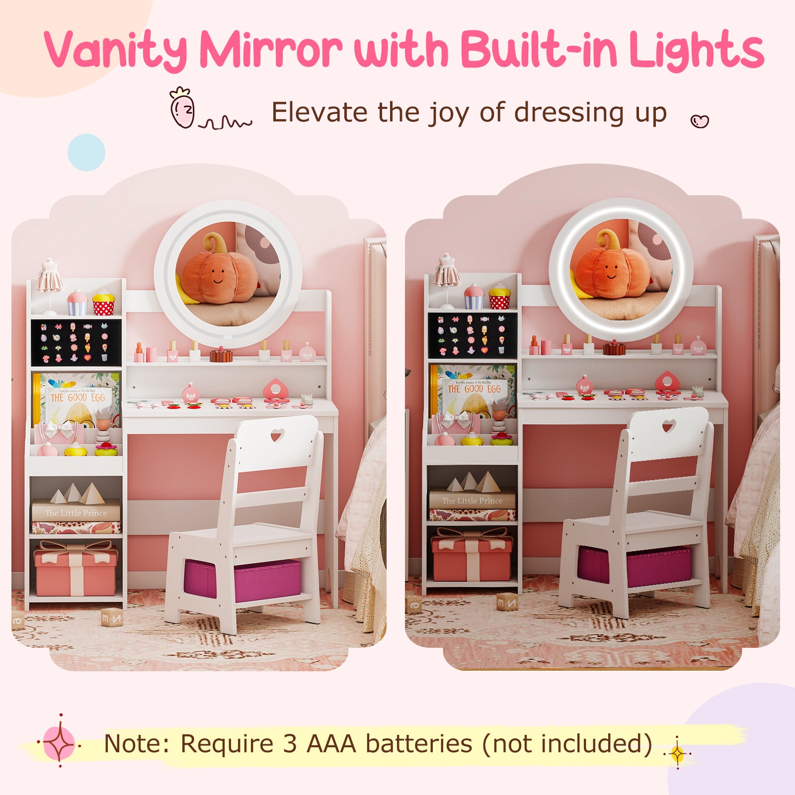 Kids Vanity Desk with Mirror and Lights Princess Pretend Play Dressing Table and Chair Set, White Kids Vanities at Gallery Canada