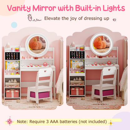 Kids Vanity Desk with Mirror and Lights Princess Pretend Play Dressing Table and Chair Set, White Kids Vanities at Gallery Canada