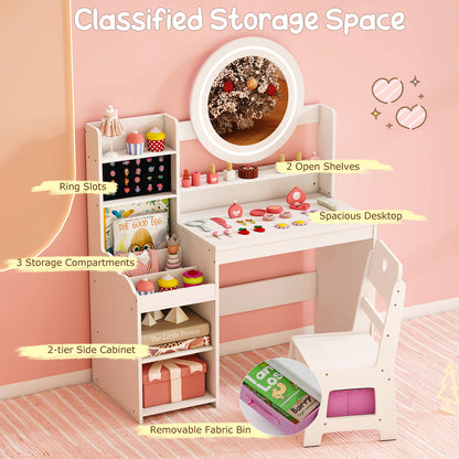 Kids Vanity Desk with Mirror and Lights Princess Pretend Play Dressing Table and Chair Set, White Kids Vanities at Gallery Canada