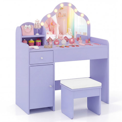 Kids Vanity Desk With Mirror And Lights, Purple