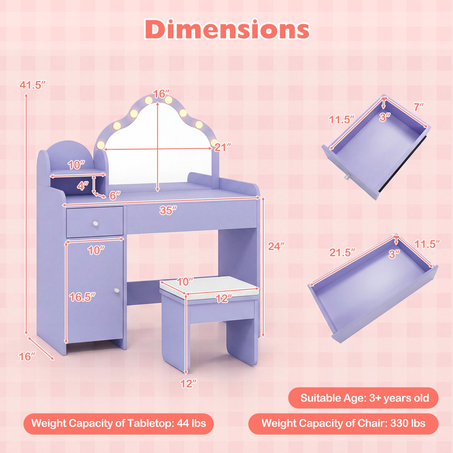 Kids Vanity Desk With Mirror And Lights, Purple Kids Vanities at Gallery Canada