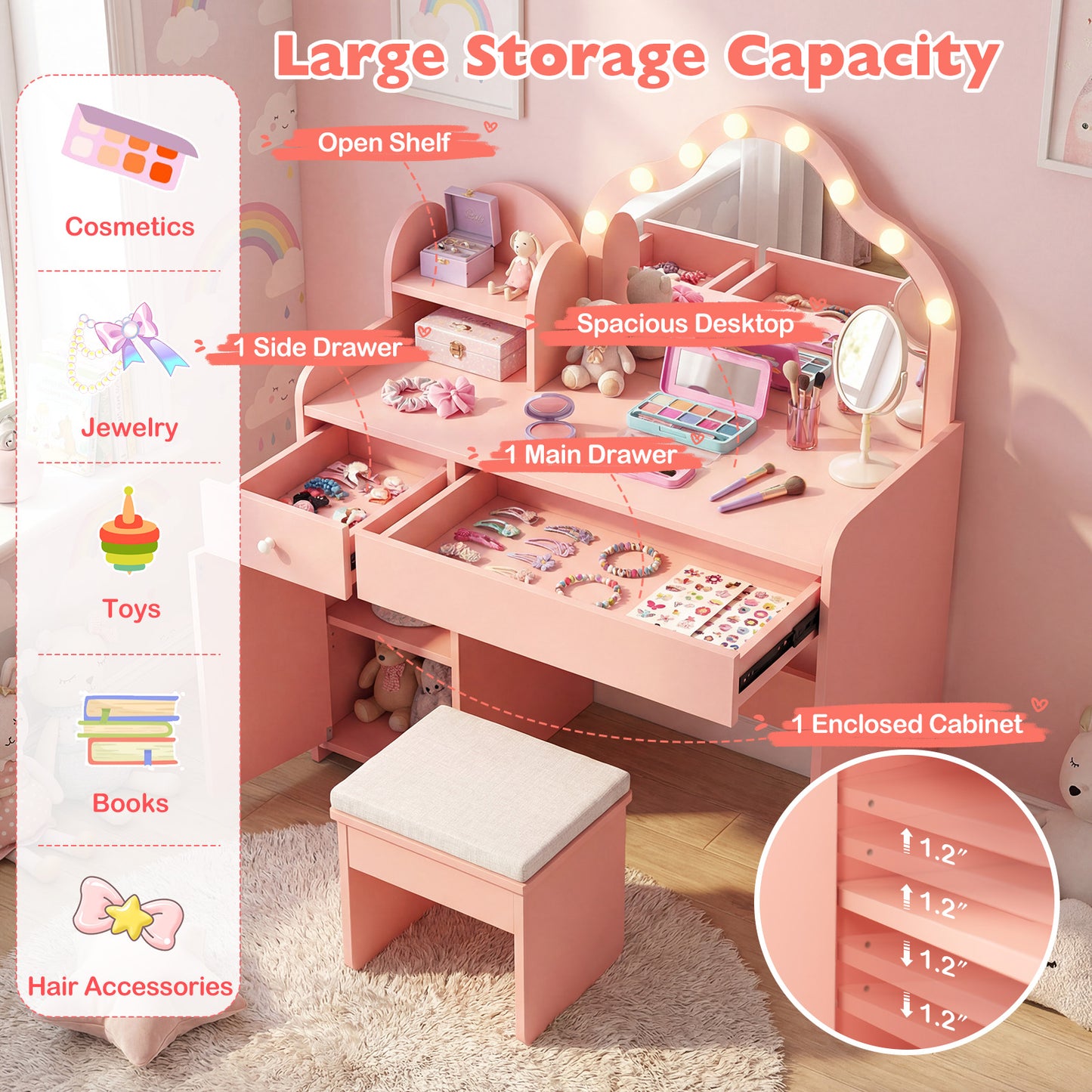 Kids Vanity Desk With Mirror And Lights, Pink Kids Vanities at Gallery Canada