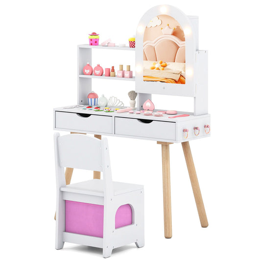 Kids Vanity Set Pretend Play Dressing Table Set with 3-Color Lighting Modes Adjustable Brightness and Mirror Cabinet, White Kids Vanities White at Gallery Canada