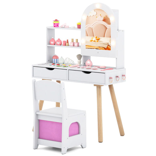 Kids Vanity Set Pretend Play Dressing Table Set with 3-Color Lighting Modes Adjustable Brightness and Mirror Cabinet, White